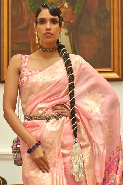 Pale Salmon Chanderi Inspired Woven Saree with Kashmiri Pallu and Blouse