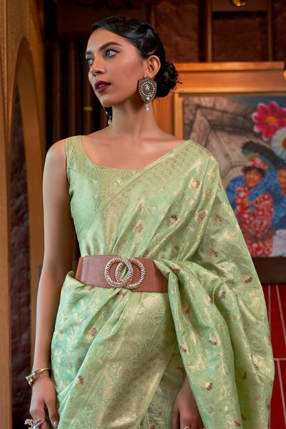 Pale Green Woven Banarasi Jungla Jaal Soft Silk Saree