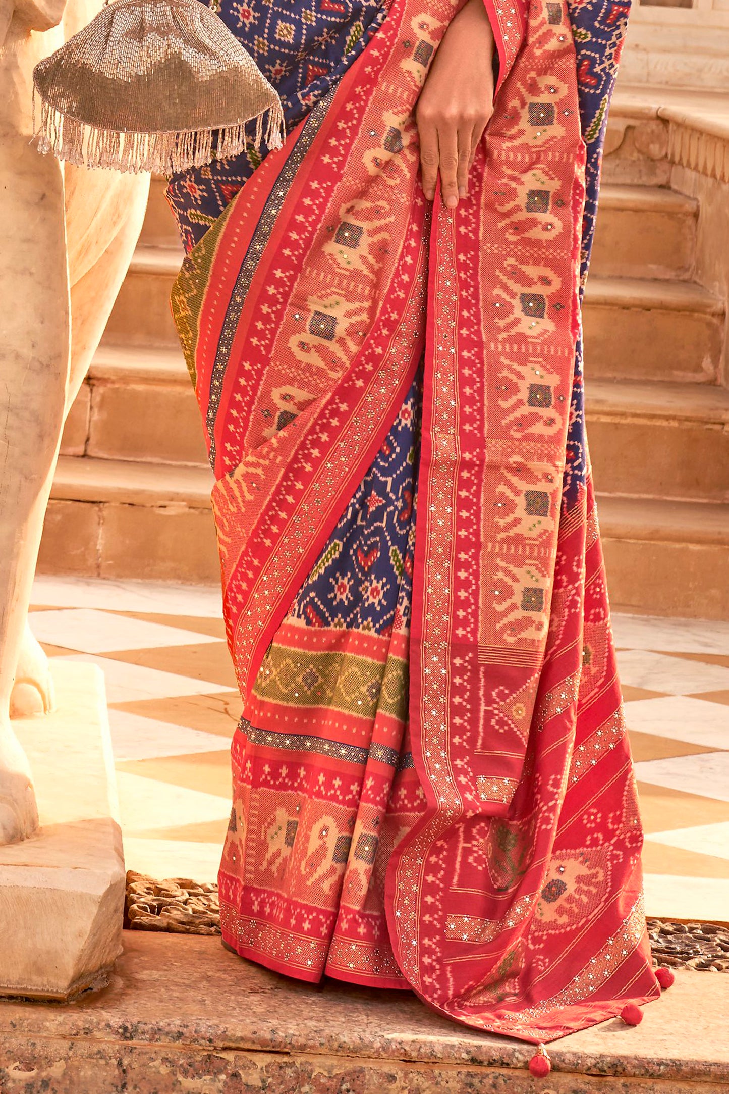 Ink Blue Woven Patola Designer Saree with Elephant Border