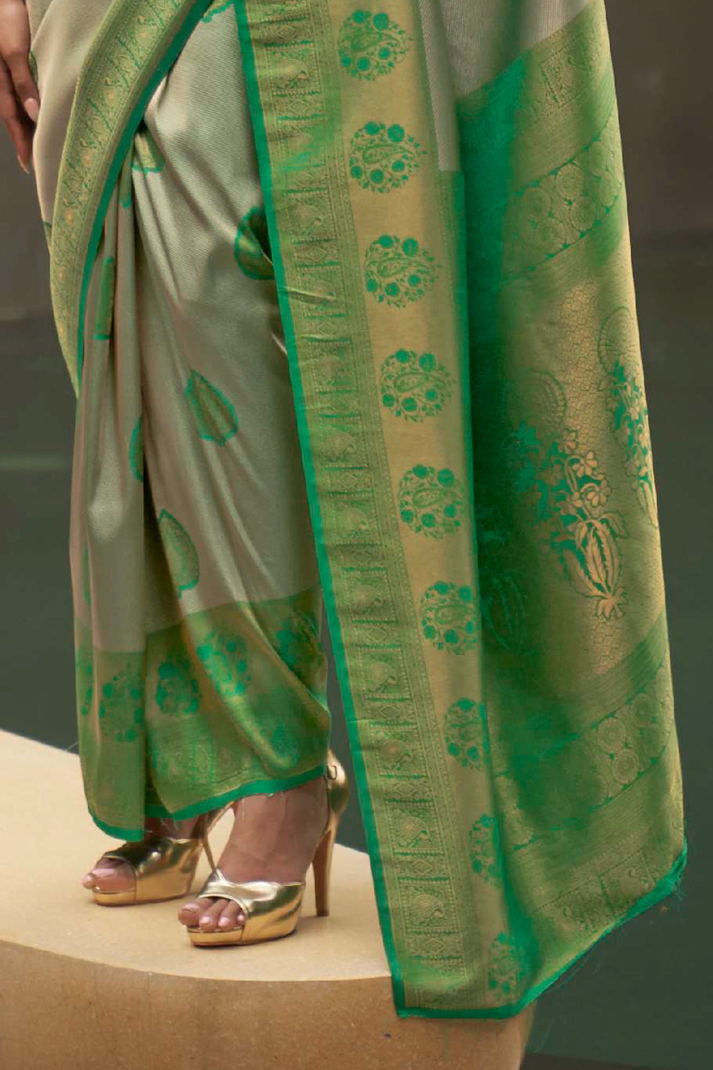 Chartreuse Green Designer Kanjivaram Silk Saree with Antique Finish