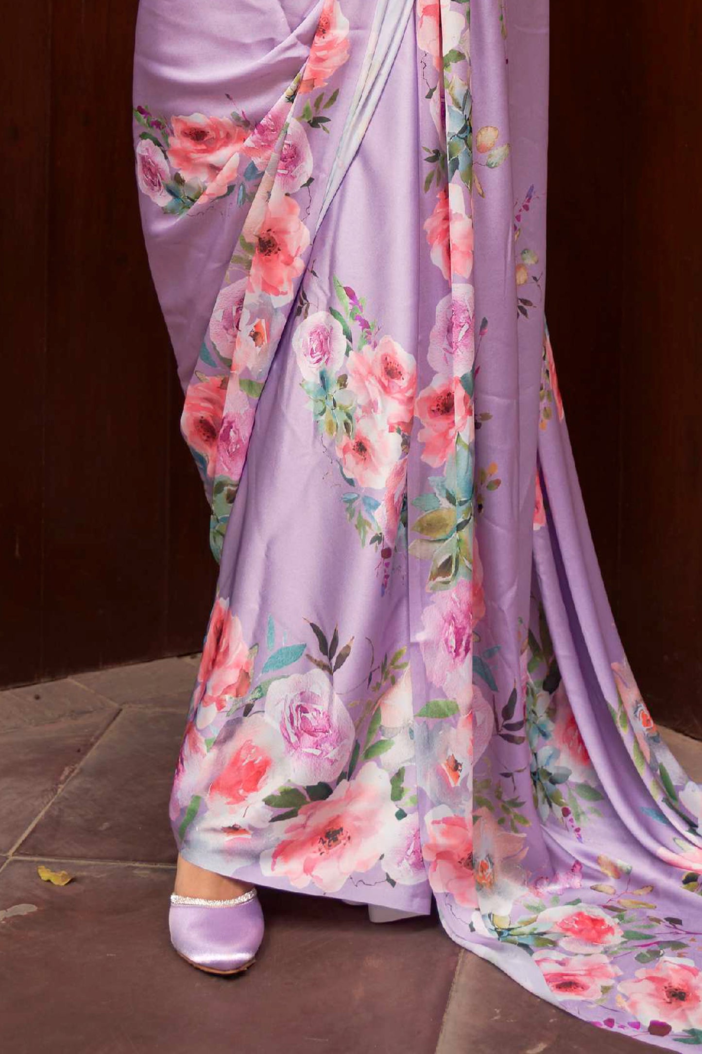 Lilac Purple Floral 3D Printed Pure Satin Silk Saree for Weddings