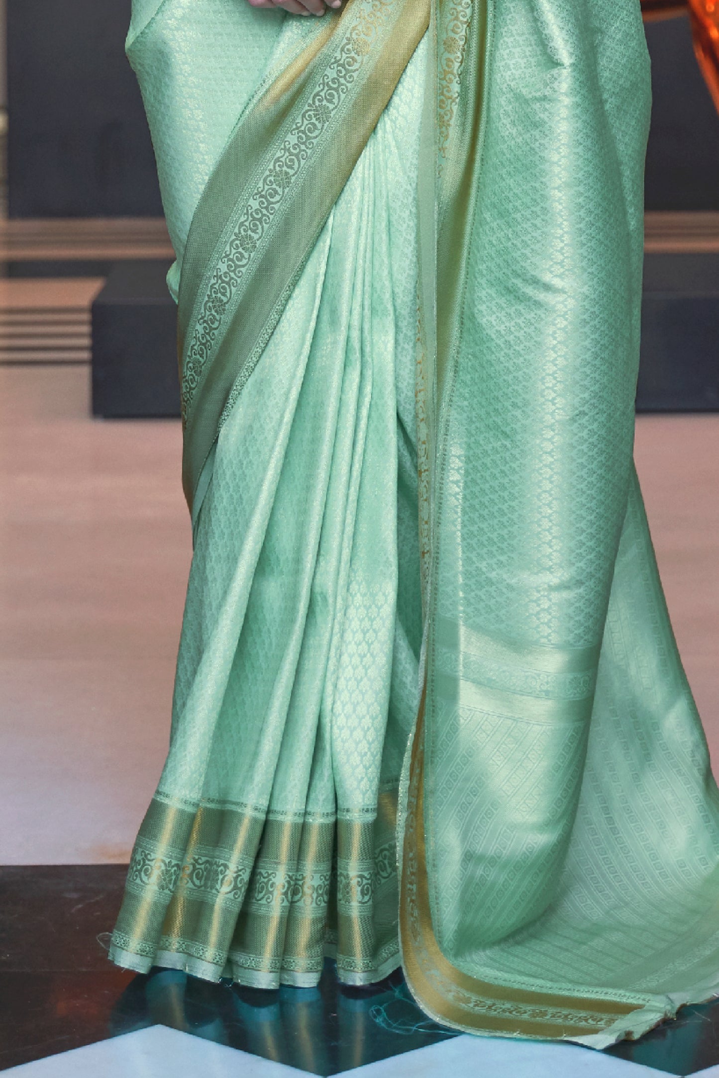 Turquoise Golden Kanjivaram Silk Saree with Antique Finish & Glossy Texture