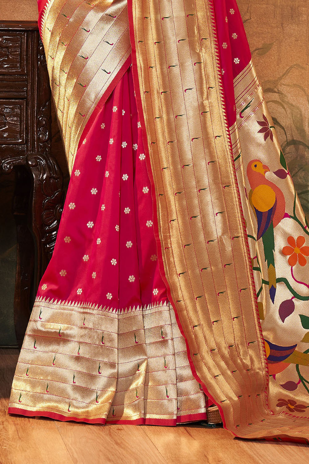 Crimson Red Banarasi Paithani Saree with Parrot Pallu and Broad Zari Border