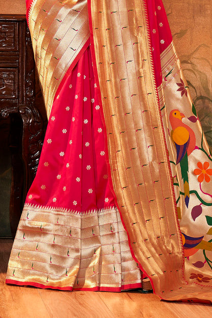 Crimson Red Banarasi Paithani Saree with Parrot Pallu and Broad Zari Border