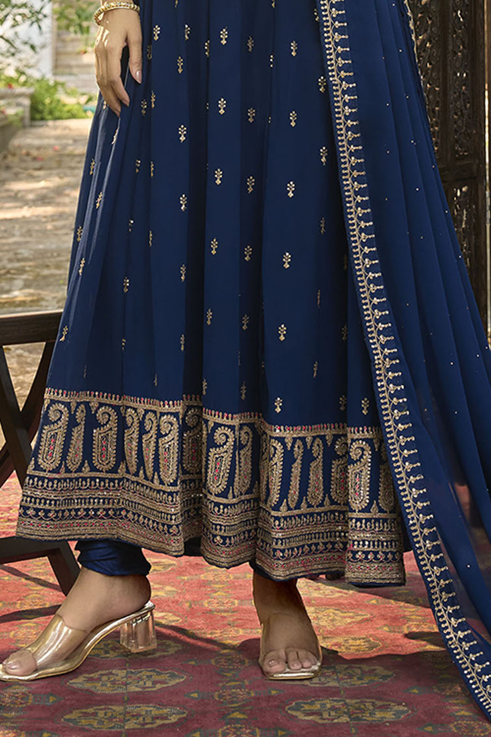 Navy Blue Embroidered Partywear Gown Suit with Dupatta