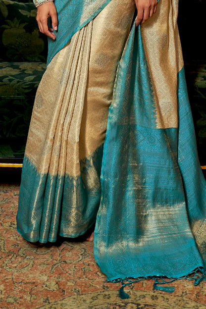 Off White Shimmer Silk Kanjivaram Style Saree with Blue Border