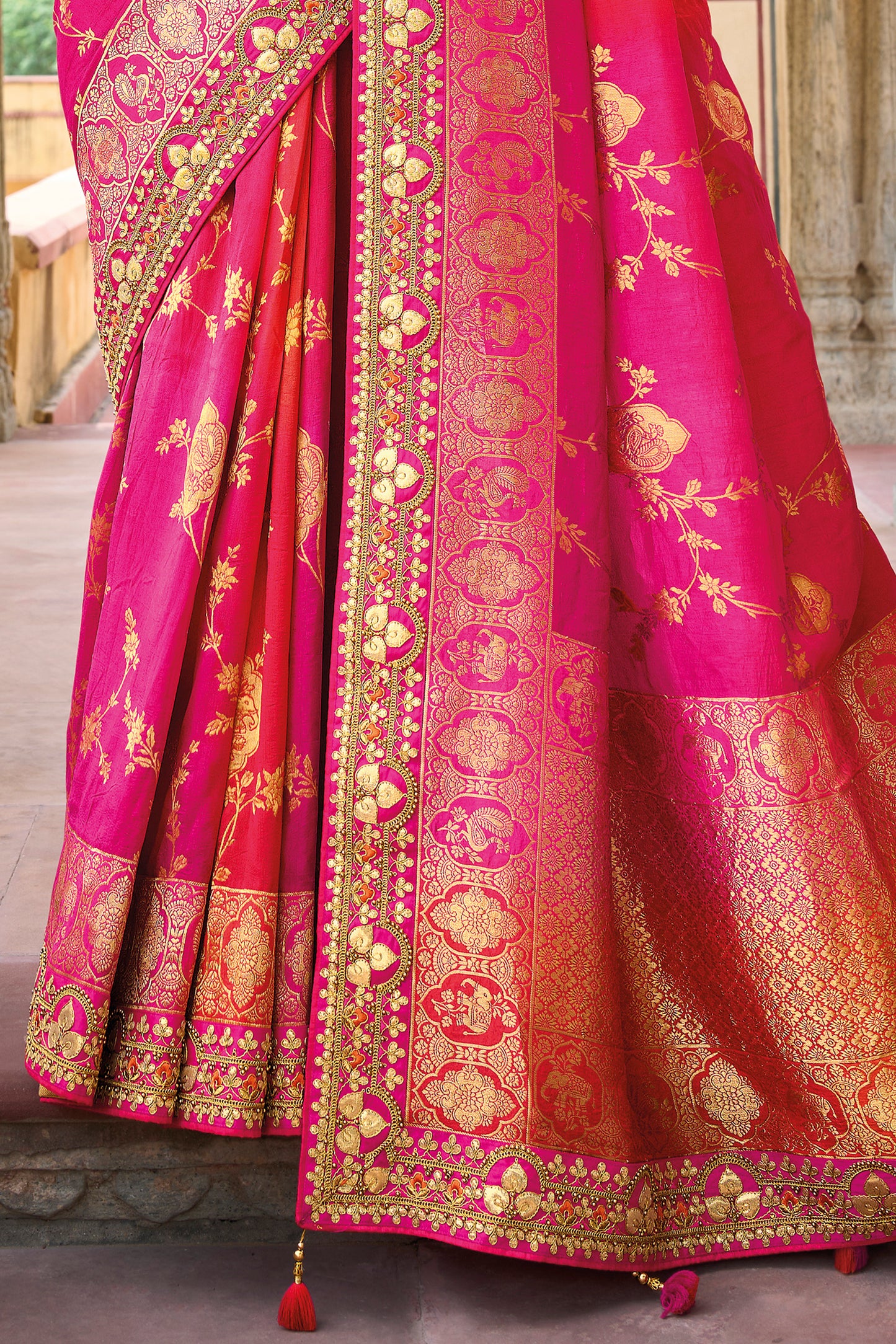 Ombre Pink Orange  Dola Silk Big Bordered Designer Saree with Embroidered Blouse