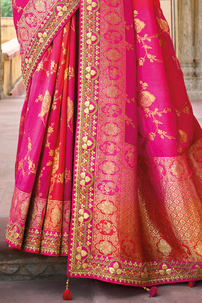 Ombre Pink Orange  Dola Silk Big Bordered Designer Saree with Embroidered Blouse