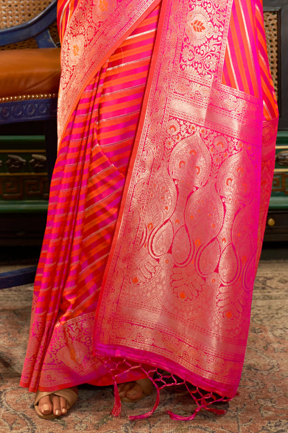 Pink and Orange Laheriaya Stripes Banarasi Silk Saree with Designer Blouse for Women