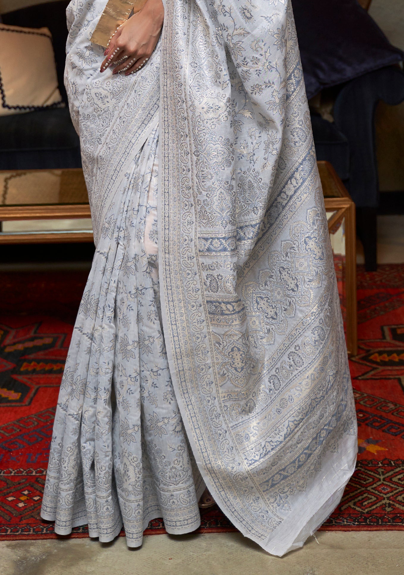 Pearl White Woven Kani Pure Modal Handloom Weaving Silk Saree