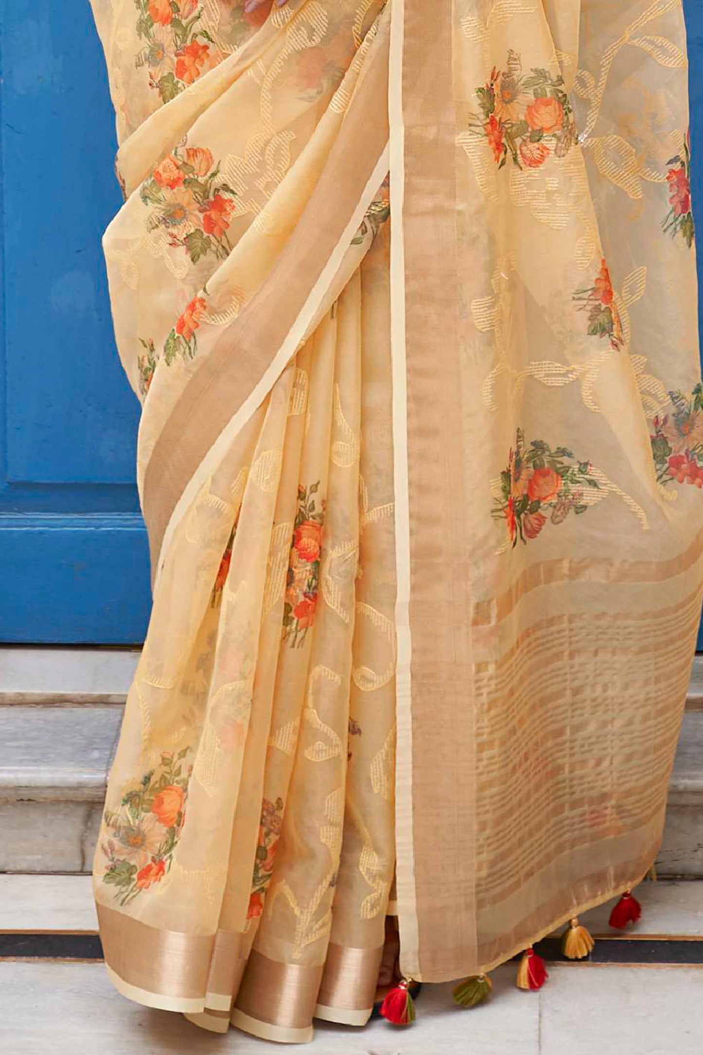 Light Yellow Floral Organza Water Sequin Embellished Saree