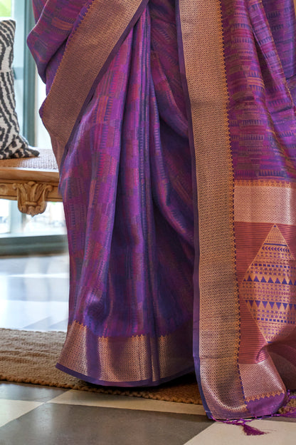 Dark Purple Tussar Woven Designer Silk Saree for Weddings