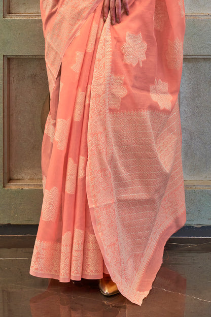 Salmon Lucknowi Chikenkari Threadwork Saree with Beautiful Blouse