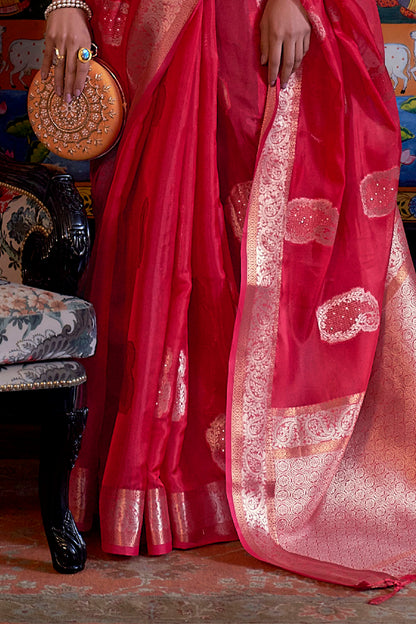 Ferrari Red  Soft Organza Silk Zari Woven Soft Silk Saree