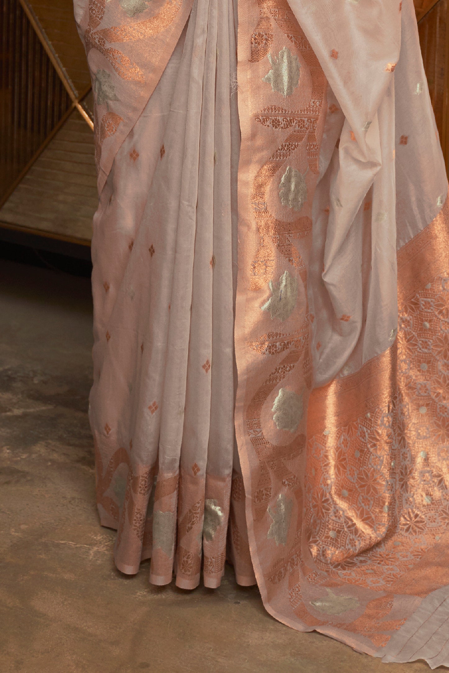 Stunning Ivory Copper Zari Woven Designer Banarasi Organza Saree