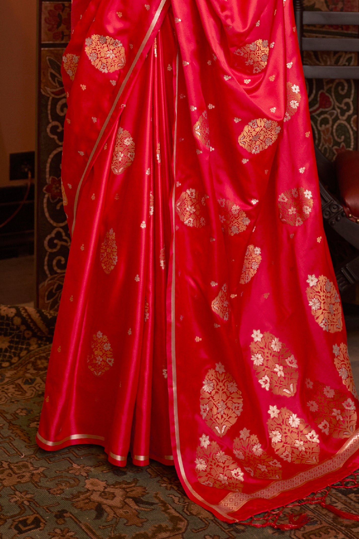 Bright Red Pure Satin Weaving Silk Saree with Dual Zari Butti