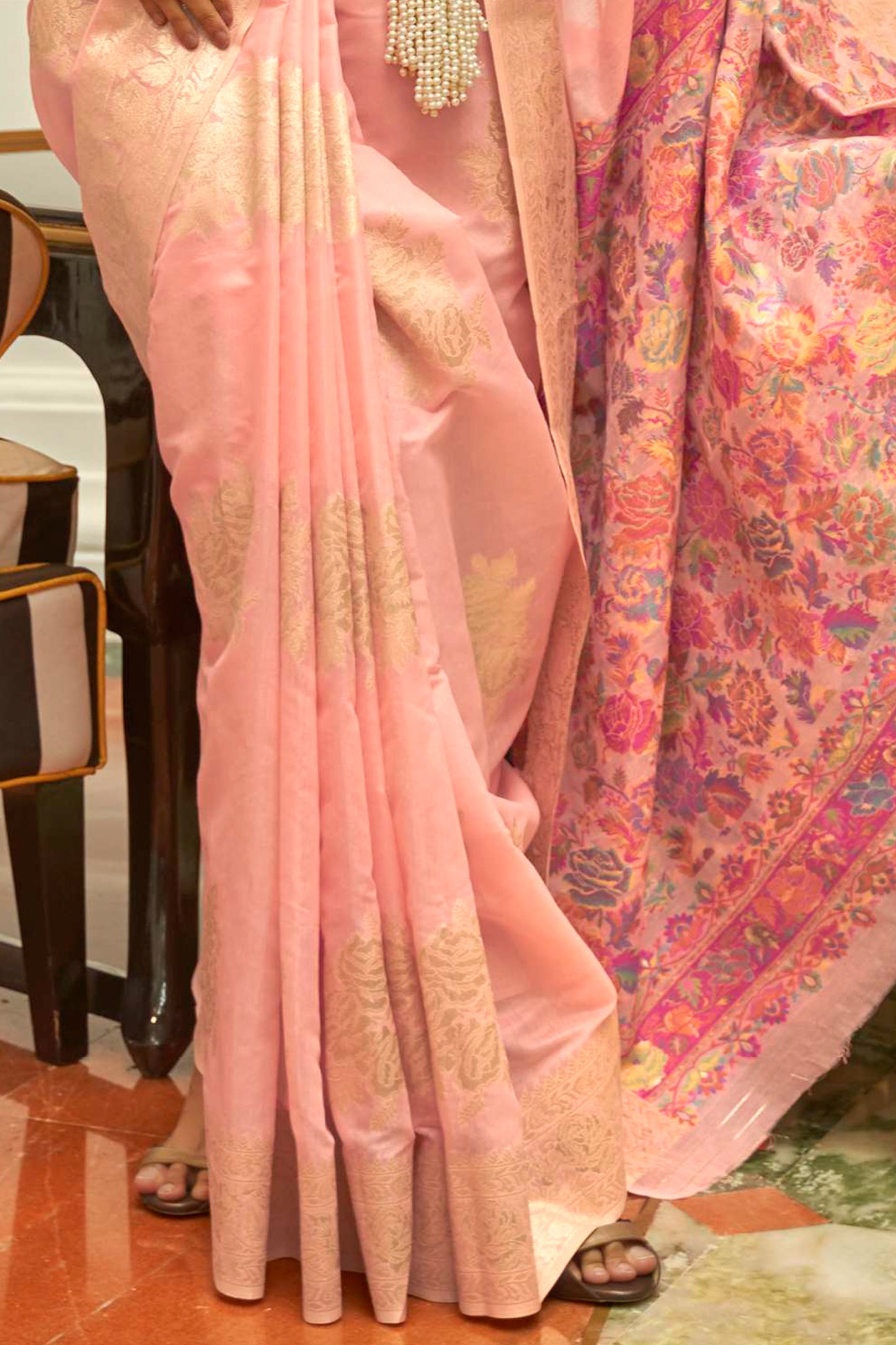 Pale Salmon Chanderi Inspired Woven Saree with Kashmiri Pallu and Blouse