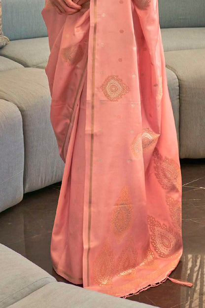 Coral Peach Pure Satin Silk Zari Woven Saree