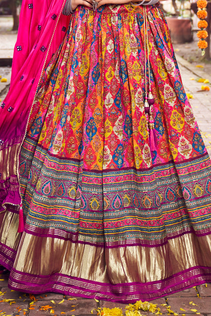 Hot PinkTraditional Gajji Lahenga Choli with Designer Embroidered Mirror Embellished Blouse