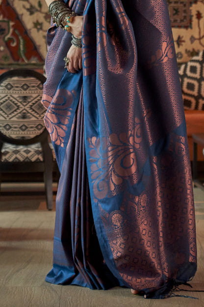 Marine Blue Copper Zari Woven Soft Silk Saree