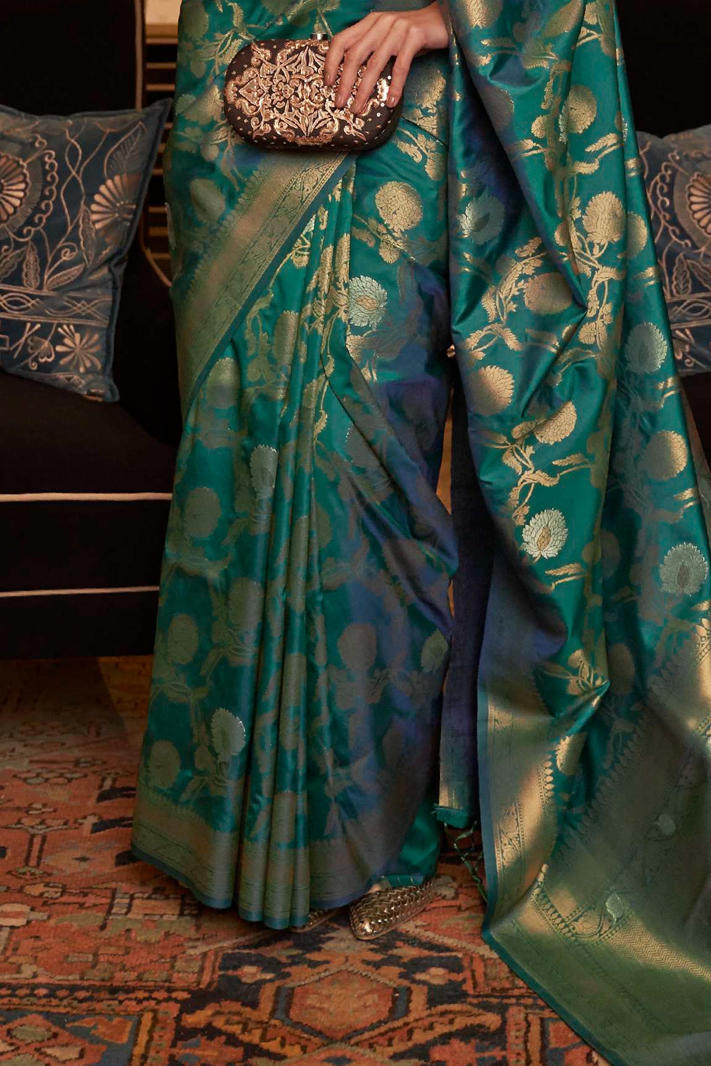 Chilli Green Woven Banarasi Jungla Jaal Soft Silk Saree