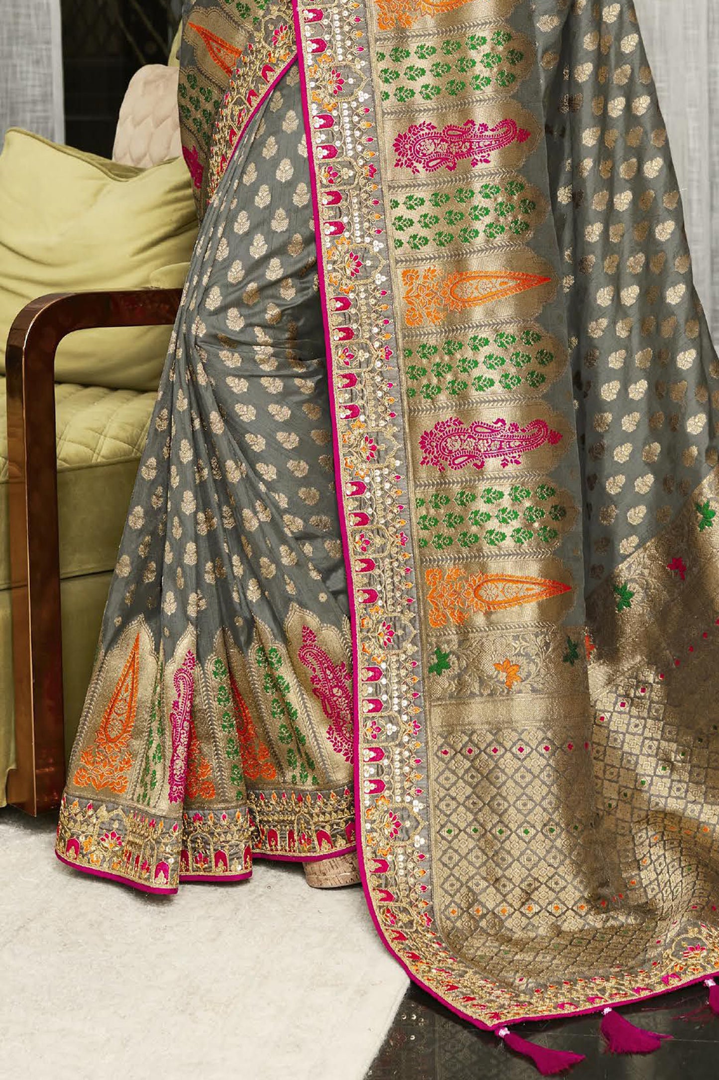 Stunning Grey Soft Banarasi Woven Silk Saree with Dark Pink Blouse