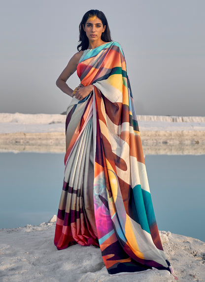 Multicolored Degital Designer Printed Satin Saree