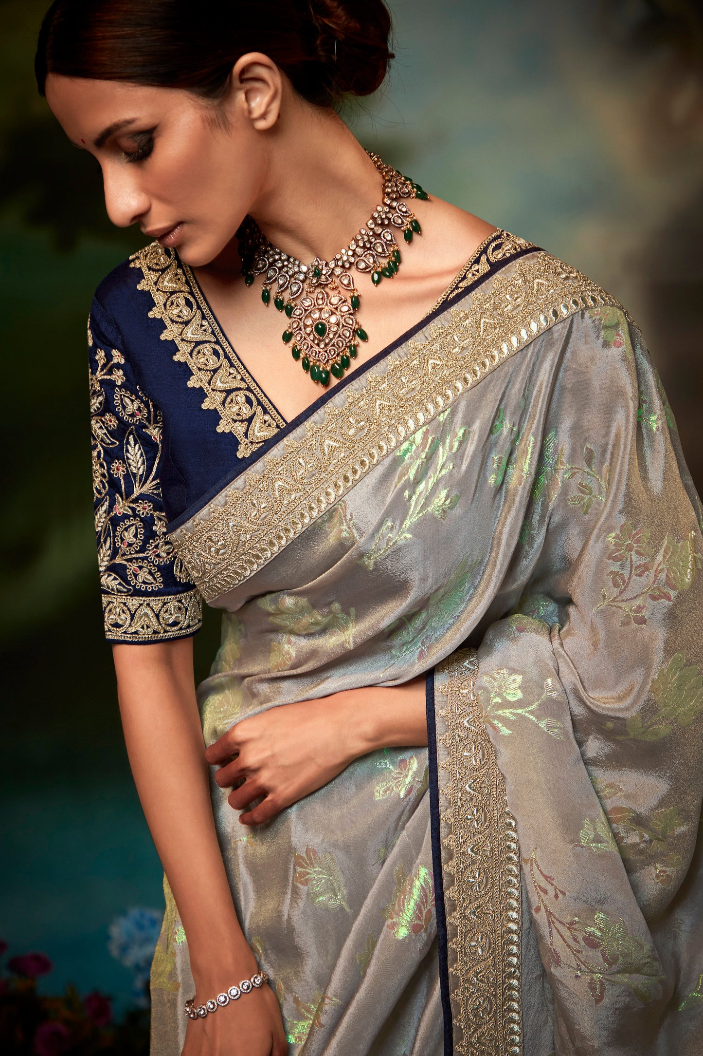 Silver Feather Light Organza Saree with Designer Blouse