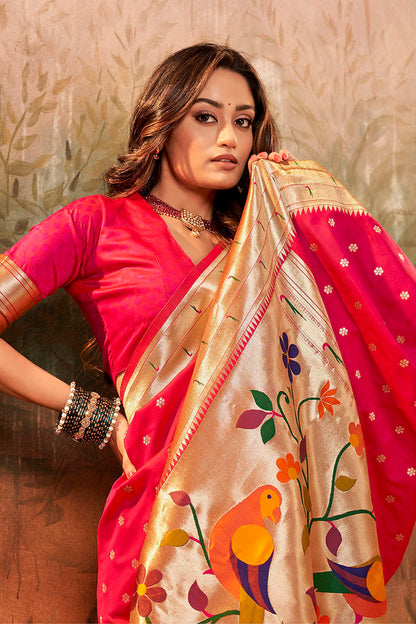 Crimson Red Banarasi Paithani Saree with Parrot Pallu and Broad Zari Border