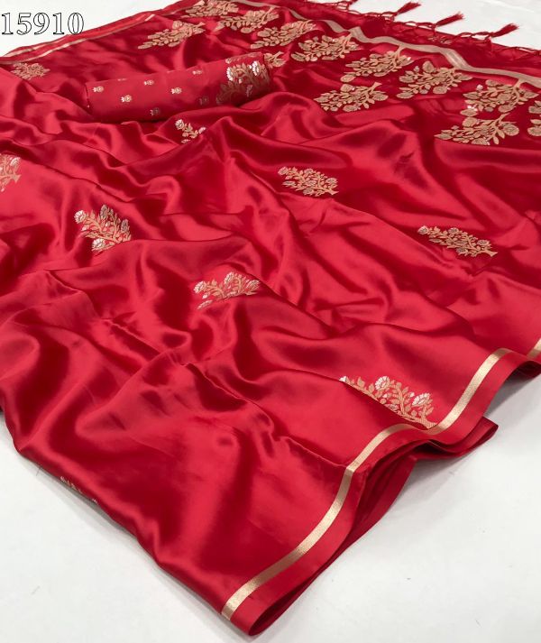 Cerise Red Pure Satin Silk Handloom Weaving Saree