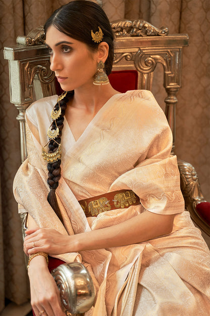 Ivory White Woven Brocade Kanjivaram Saree with Peacock Border