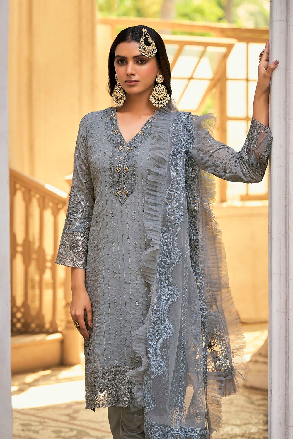 Grey Lucknowi Inspired Salwar Suit with Dupatta