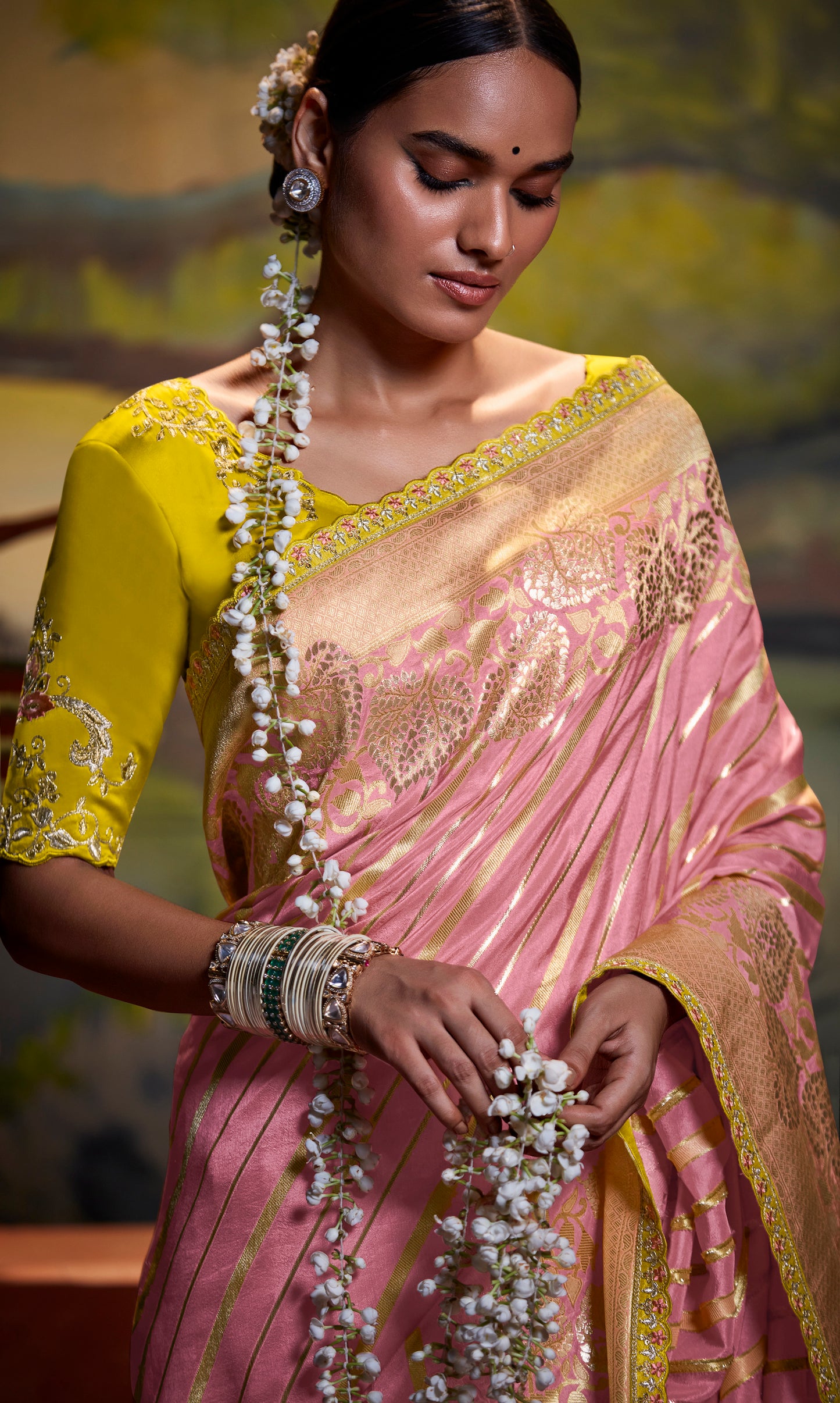 Bubble Pink Leheriya Style Woven Banarasi Saree with Yellow Blouse