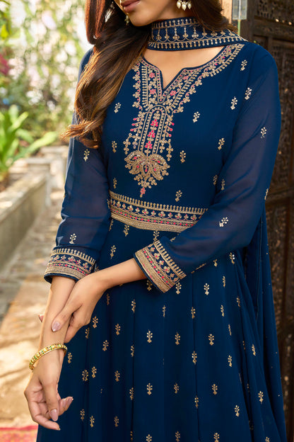 Navy Blue Embroidered Partywear Gown Suit with Dupatta