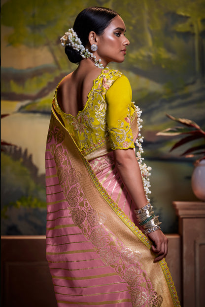 Bubble Pink Leheriya Style Woven Banarasi Saree with Yellow Blouse