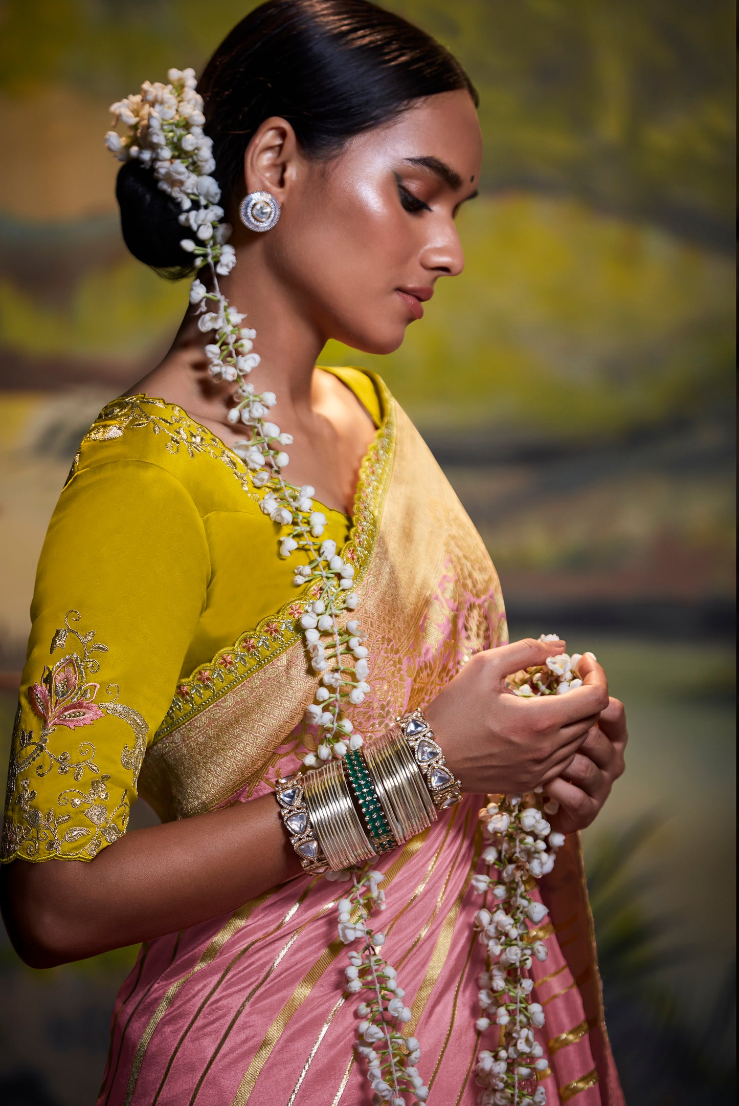 Bubble Pink Leheriya Style Woven Banarasi Saree with Yellow Blouse