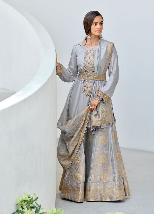 Bluish Grey Embroidered Sharara Suit with Organza Embroidered Dupatta