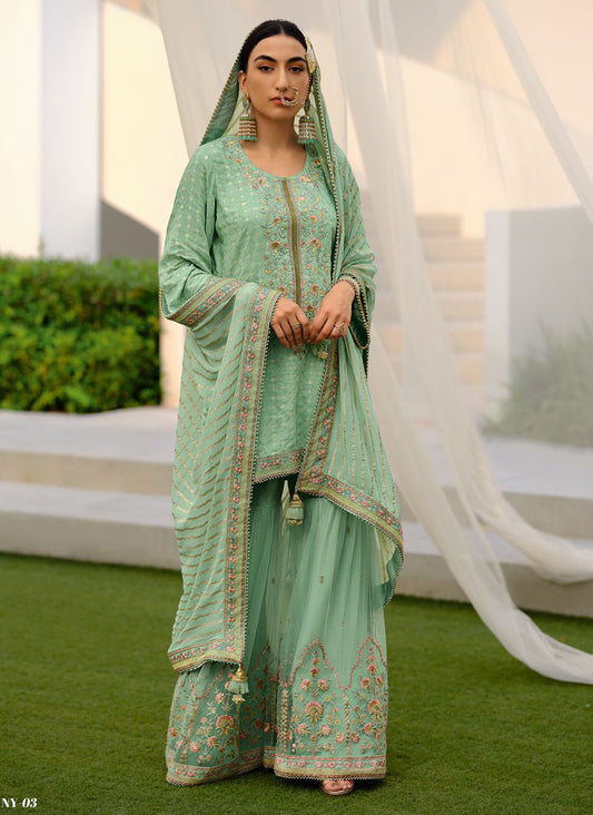 Pistachio Green Designer Embroidered Suit with Pants and Dupatta