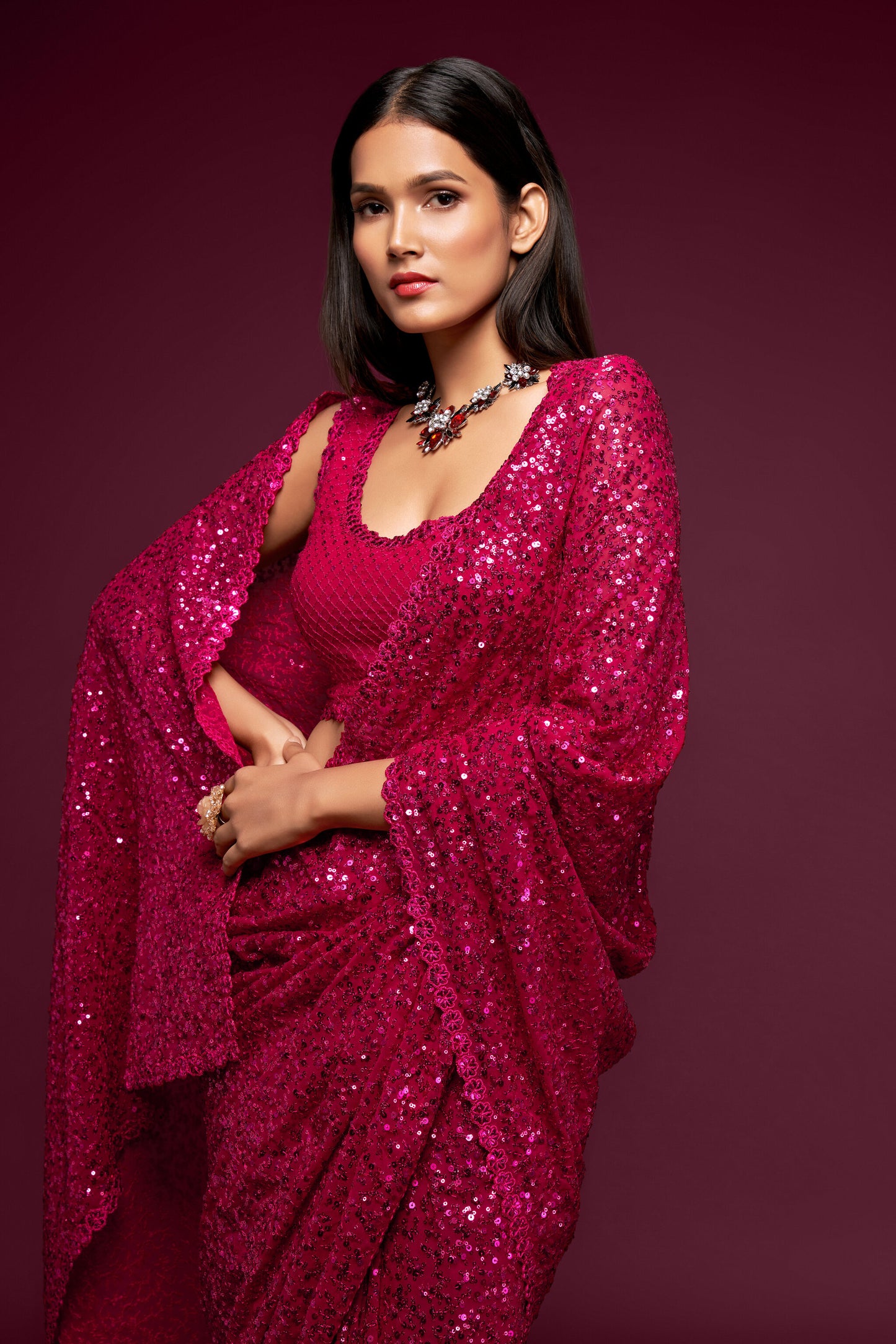 Ruby Pink Sequin emblished Designer Sparkling Georgette Saree Bloue for Every Occassions