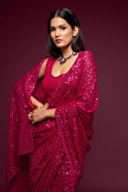 Ruby Pink Sequin emblished Designer Sparkling Georgette Saree Bloue for Every Occassions