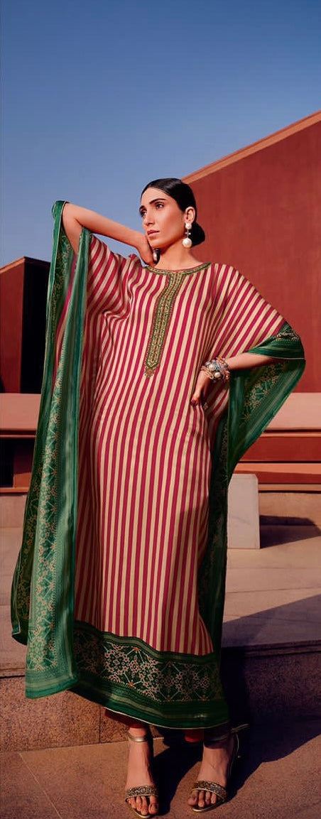 Red White Stripe Pure Satin Silk Kaftan Dress with Patola Border