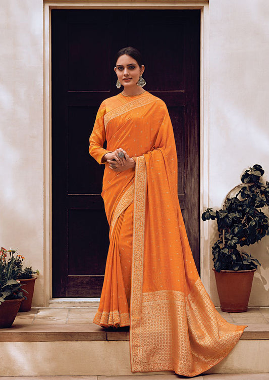 Fanta Orange Lehariya Style Banarasi Soft Silk Saree with Bandhani Blouse