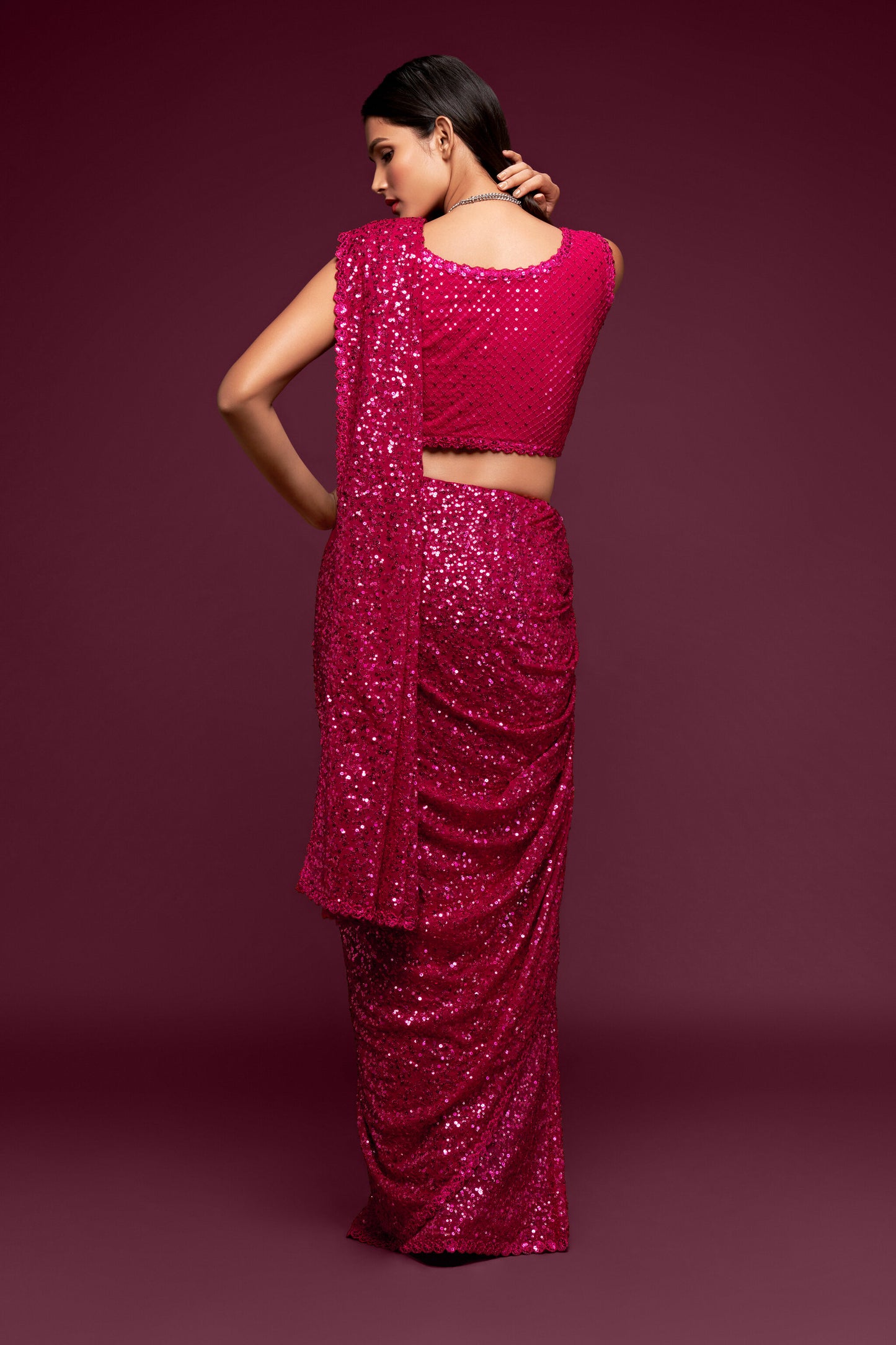 Ruby Pink Sequin emblished Designer Sparkling Georgette Saree Bloue for Every Occassions