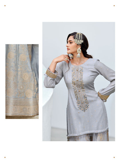 Bluish Grey Embroidered Sharara Suit with Organza Embroidered Dupatta