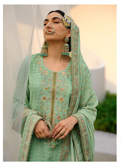 Pistachio Green Designer Embroidered Suit with Pants and Dupatta