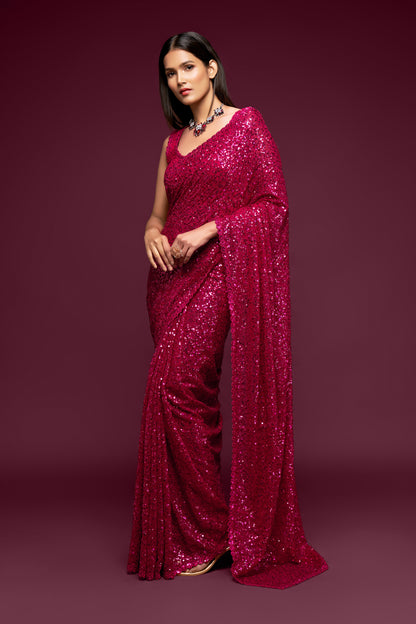 Ruby Pink Sequin emblished Designer Sparkling Georgette Saree Bloue for Every Occassions