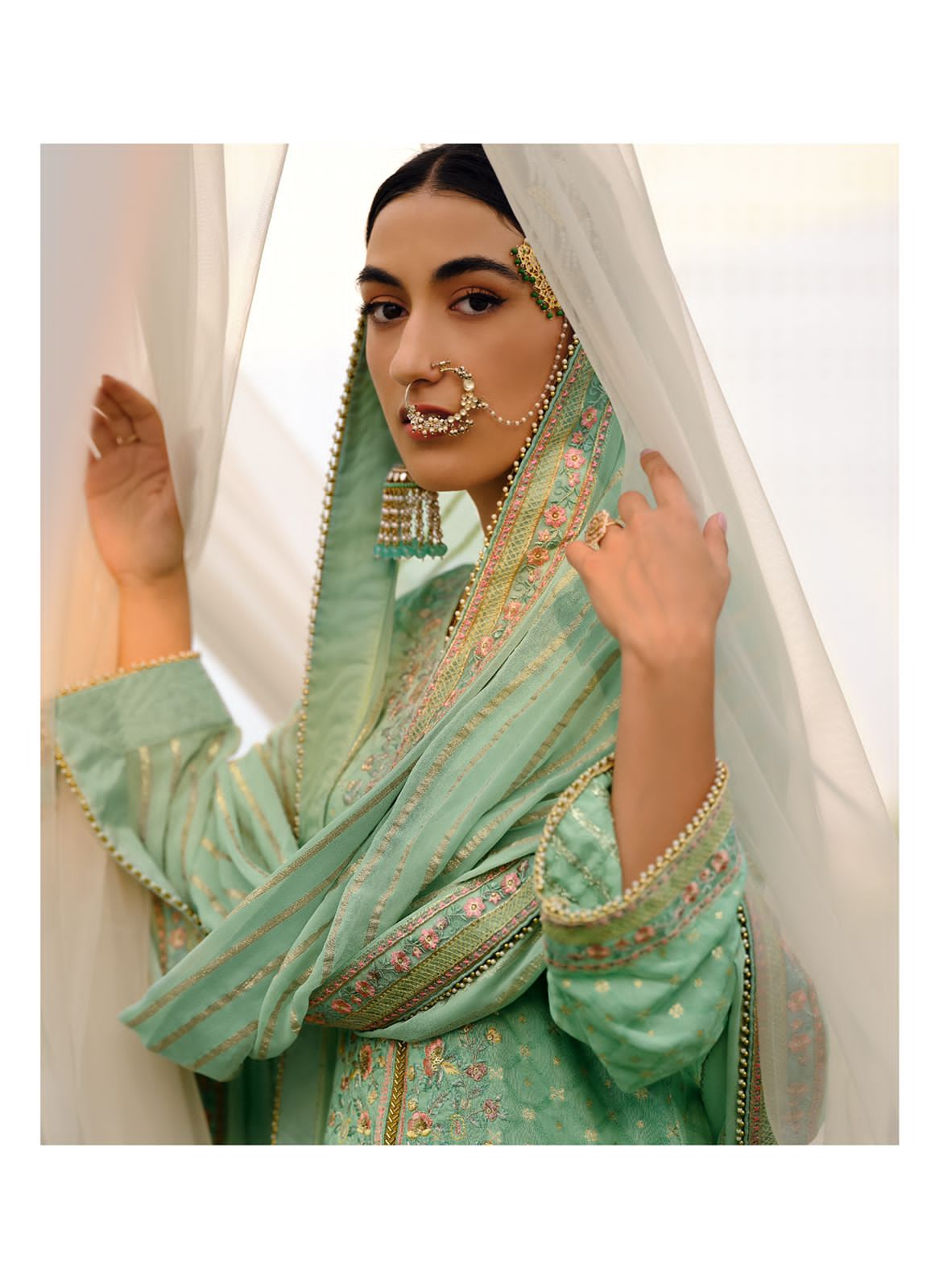 Pistachio Green Designer Embroidered Suit with Pants and Dupatta