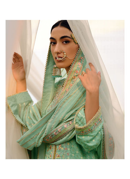 Pistachio Green Designer Embroidered Suit with Pants and Dupatta