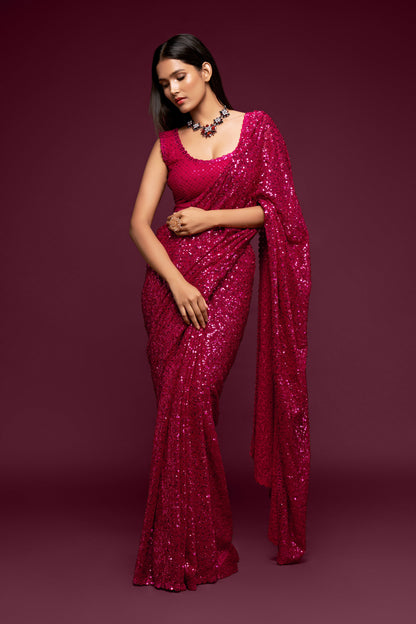 Ruby Pink Sequin emblished Designer Sparkling Georgette Saree Bloue for Every Occassions