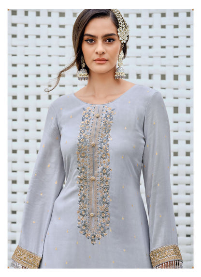 Bluish Grey Embroidered Sharara Suit with Organza Embroidered Dupatta